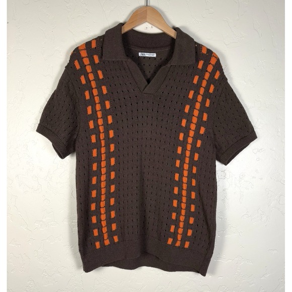 ZARA Pull Over Sweater Men's Size M Brown Orange Short Sleeve Knit Top Retro - Picture 1 of 5